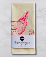 Geschirrtuch handbedruckt neonpink mit Huhn Henne und Küken. Geschenk für Hühnerfans